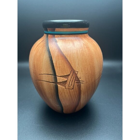 Navajo Handcrafted Etched Vase By Dwayne Blackfoot 6"  Southwestern Turquoise - Picture 3 of 6